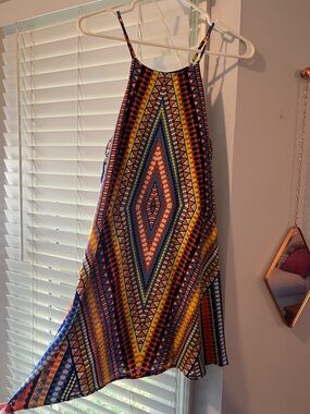 Vibrant Geometric Halter Dress in Blue, Orange & Yellow